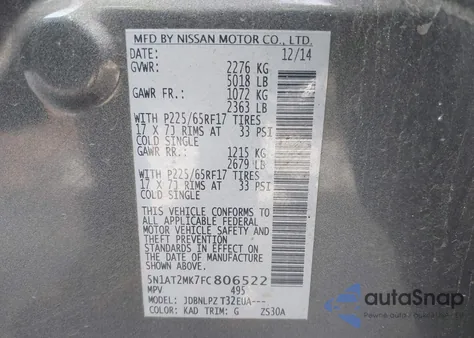 2015 Nissan Rogue S z USA, uszkodzony, nr VIN 5N1AT2MK7FC806522